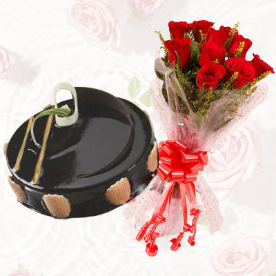 Roses bouquet and Chocolate Truffle Cake