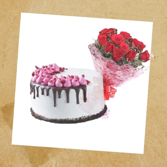 Cake and Red Roses Bouquet