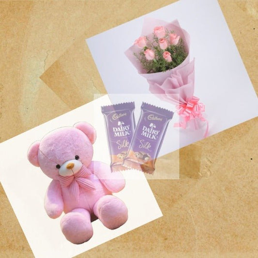 Pink Teddy, Dairy Milk Chocolate and Pink Roses Bouquet