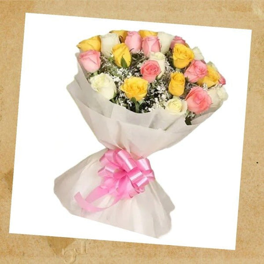 Pink, Yellow and White Roses Bouquet