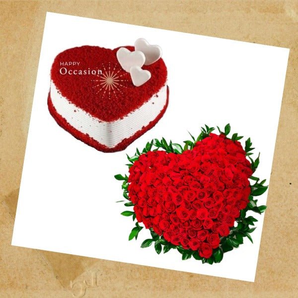 Heart Shape Roses Bouquet & Cake